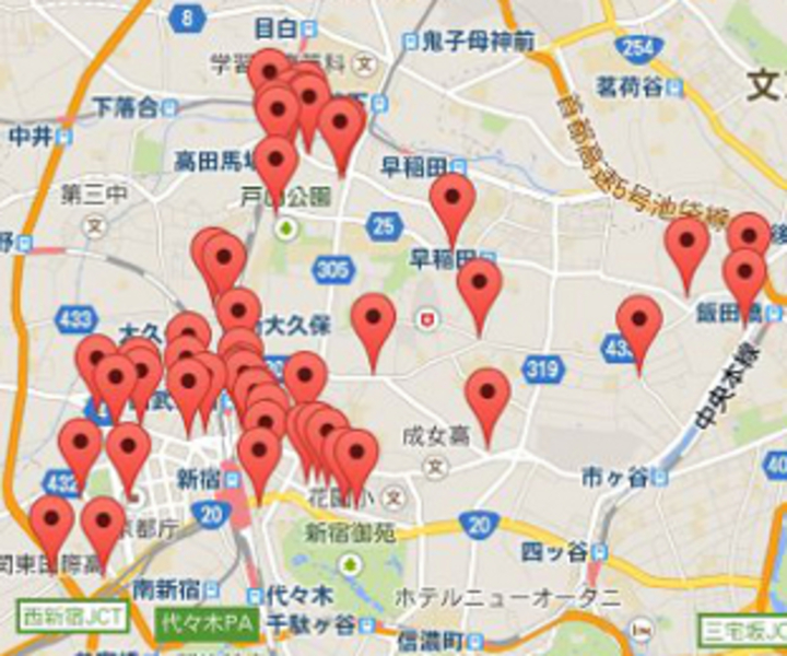 新宿区ランチ掲載店舗地図