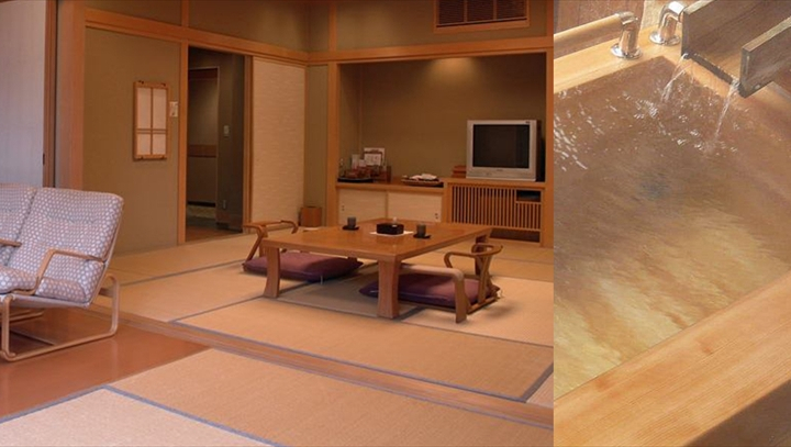 檜の露天風呂付き客室。谷川の四季を、せせらぎをＢＧＭにてお楽しみください！