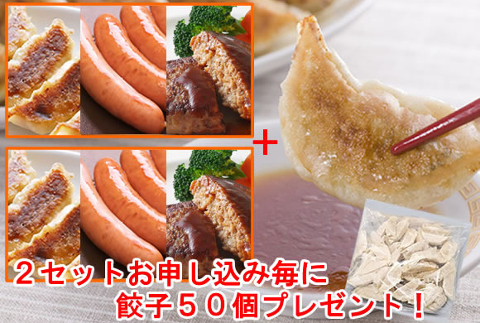 【全部国産】あらびき焼きハンバーグ10個・肉餃子50個・あらびきウインナー1kg（合計2.35ｋｇ）！【送料込】2セット同時購入で餃子50個プレゼント！
