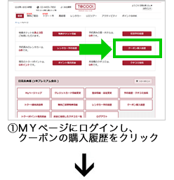 ①マイページにログインし、クーポンの購入履歴をクリック