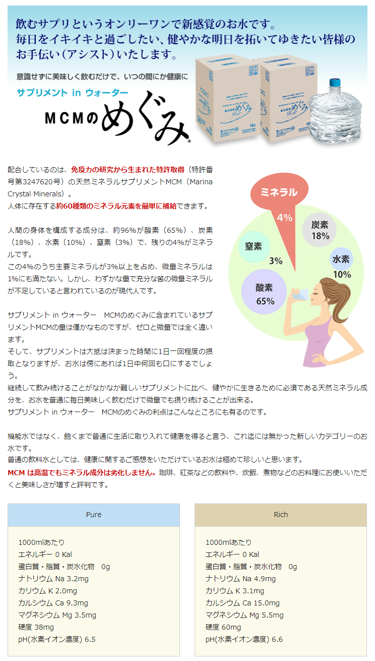 飲むサプリというオンリーワンで新感覚のお水です。毎日をイキイキと過ごしたい、健やかな明日を拓いてゆきたい皆様をお手伝いいたします。意識せずにおいしく飲むだけで、いつの間にか健康に。サプリメントinウォーター。MCMのめぐみ