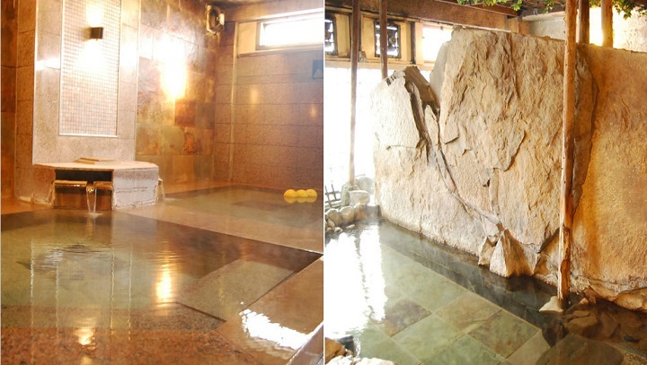 天然石大浴場は、天然の御影石を浴槽、壁、床に配した潮青閣自慢の大浴場
