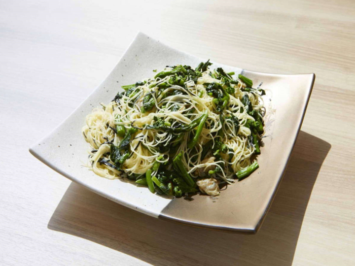 【ごちそう野菜の朝ごはん】アサリと野菜のうまみのコラボ。浅利と菜の花のカッペリーニ刻み海苔添え