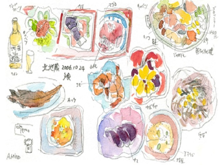 北地蔵の食事〜ご夕食〜（お客様からの絵手紙です）