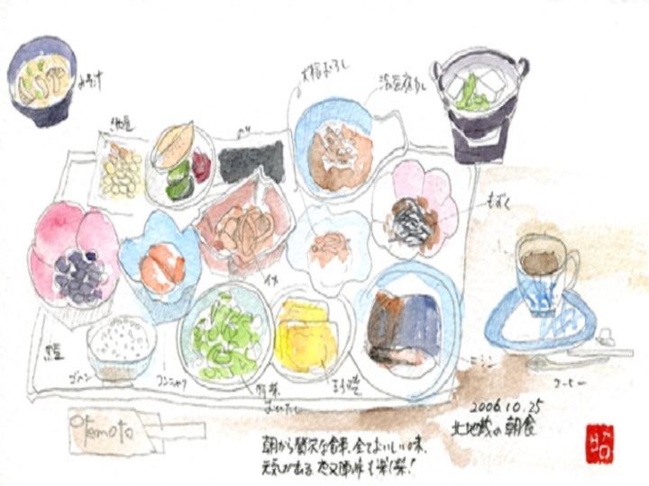 北地蔵の食事〜ご朝食〜（お客様からの絵手紙です）